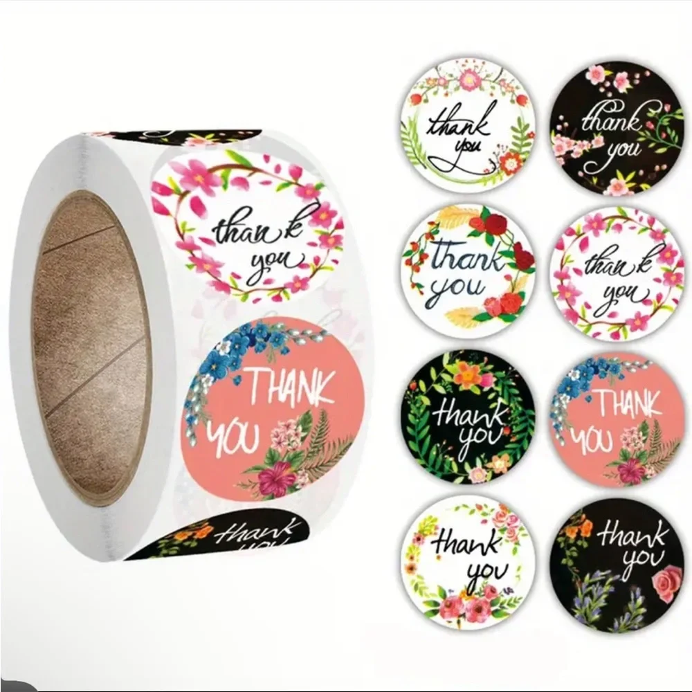 Roll of 500 Floral Thank You Stickers 8 Different Designs Colorful Flowers